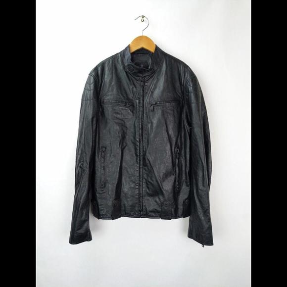 Y-3 YOHJI YAMAMOTO Black Leather Motorcycle Racer Jacket Band Collar Sz S Adidas
